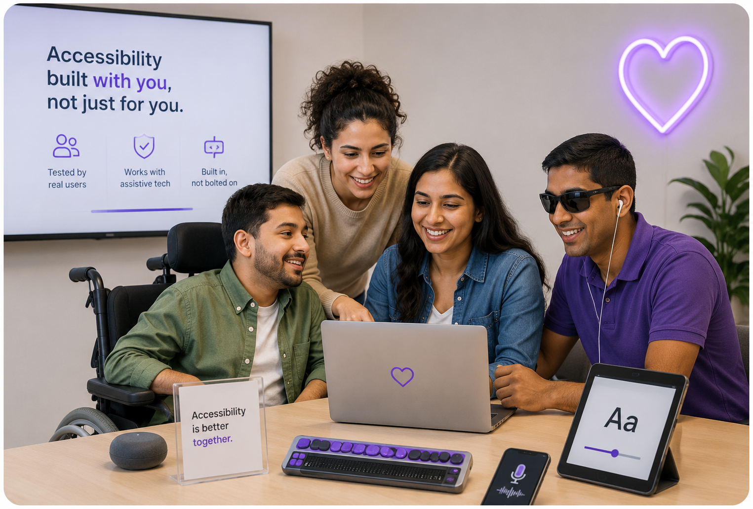 Four colleagues gathered around a laptop, smiling. One uses a wheelchair; one wears dark glasses and earphones and is working with a refreshable braille display on the table. Beside them sit a tablet showing a text-size slider, a phone showing voice input, and a smart speaker. A screen behind them reads: accessibility built with you, not just for you.